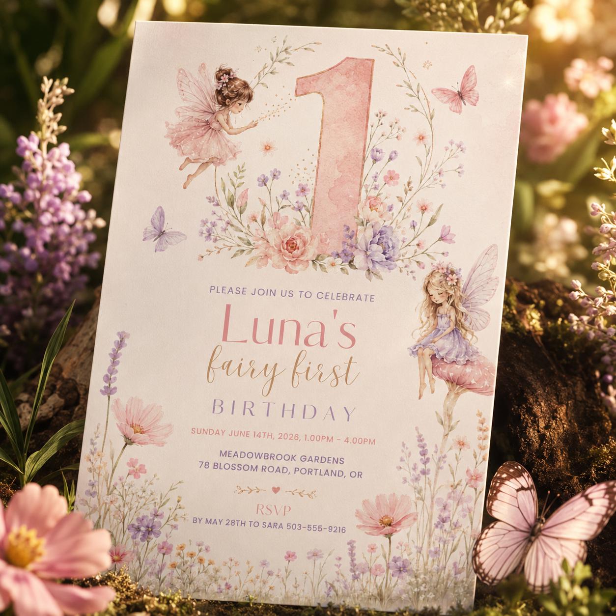 Editable Fairy First Birthday Invitation, Soft Pastel Floral 1st Birthday Party Printable Invite, Wildflower Fairy Garden Tea Party, Canva __etsy:8088220897