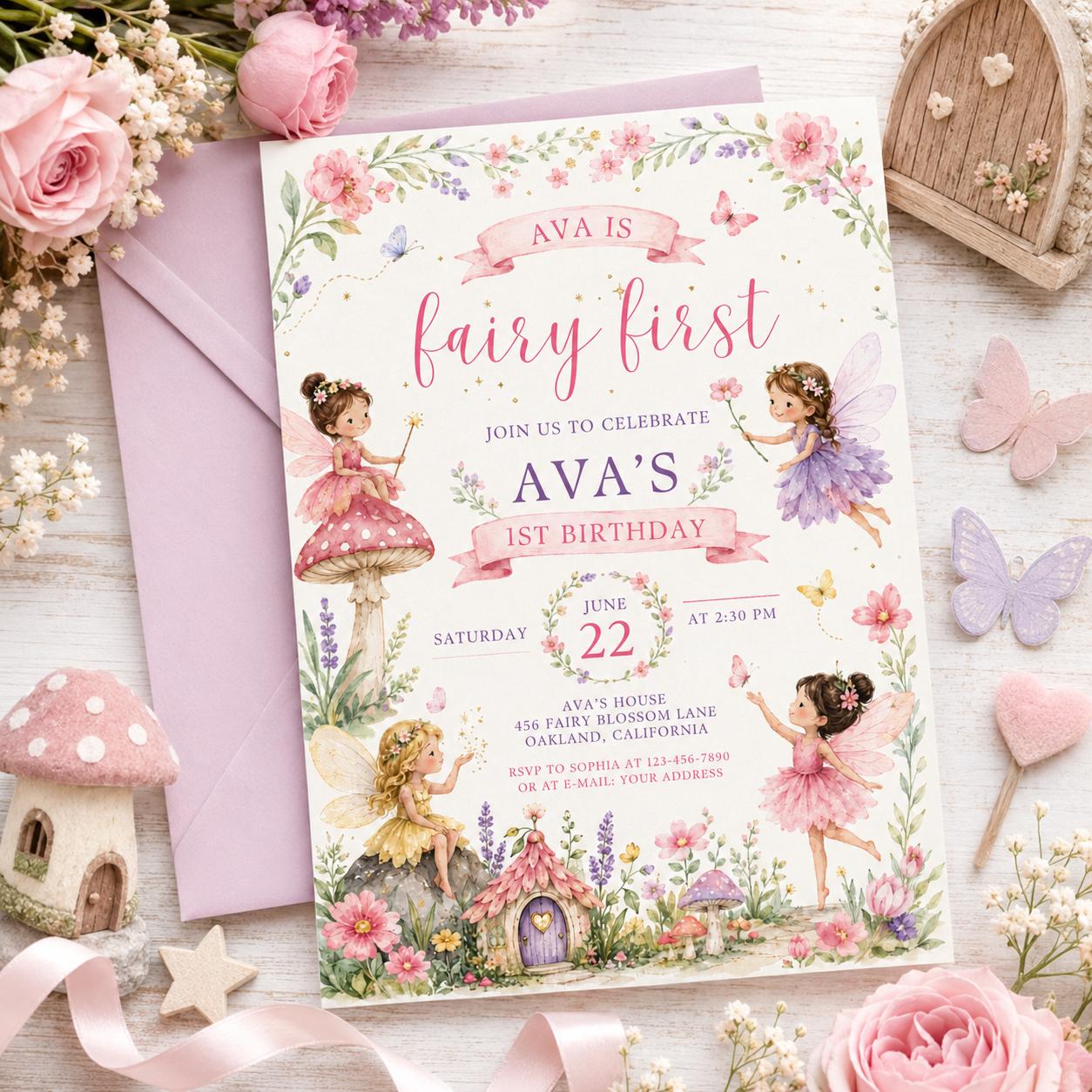 Editable Fairy First Birthday Invitation, Soft Pastel Floral 1st Birthday Party Printable Invite, Wildflower Fairy Garden Tea Party, Canva __etsy:8012736270