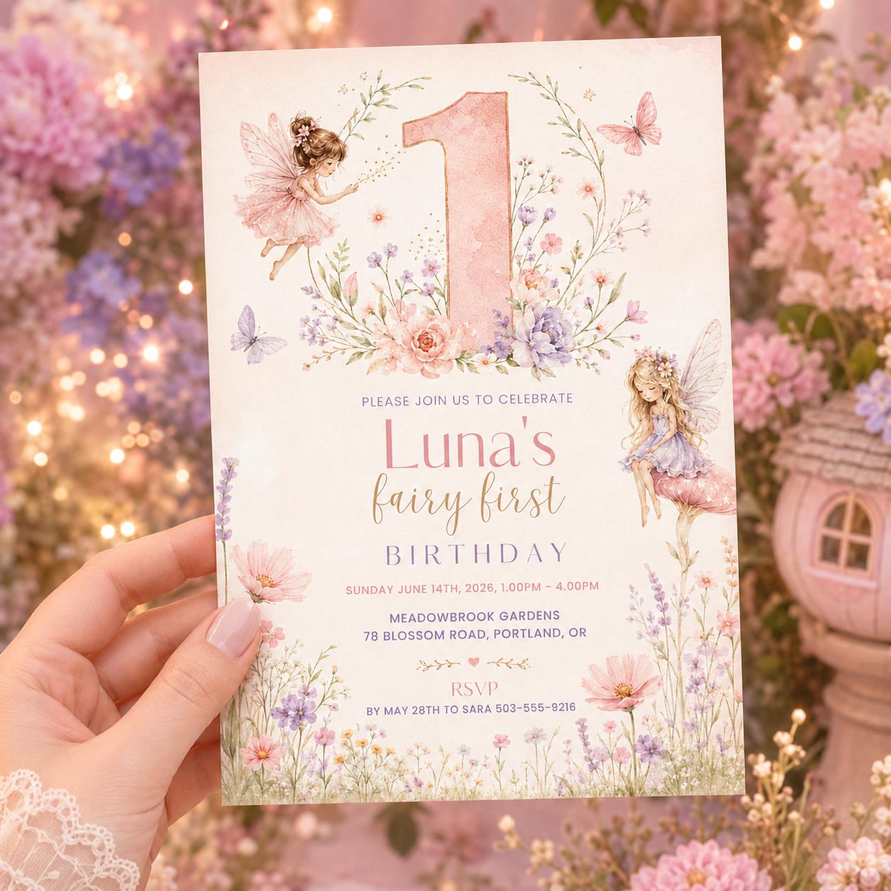 Editable Fairy First Birthday Invitation, Soft Pastel Floral 1st Birthday Party Printable Invite, Wildflower Fairy Garden Tea Party, Canva __etsy:8088220747