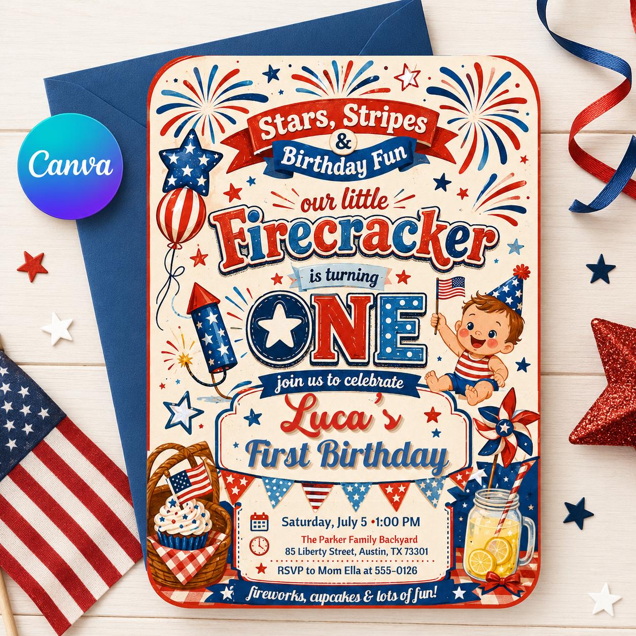 Editable Firecracker First Birthday, 4th of July Birthday Invitation, Patriotic Girl Birthday Invite Little Firecracker Party Canva Template __etsy:8072094198