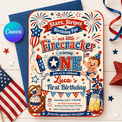 Editable Firecracker First Birthday, 4th of July Birthday Invitation, Patriotic Girl Birthday Invite Little Firecracker Party Canva Template __etsy:8072094198