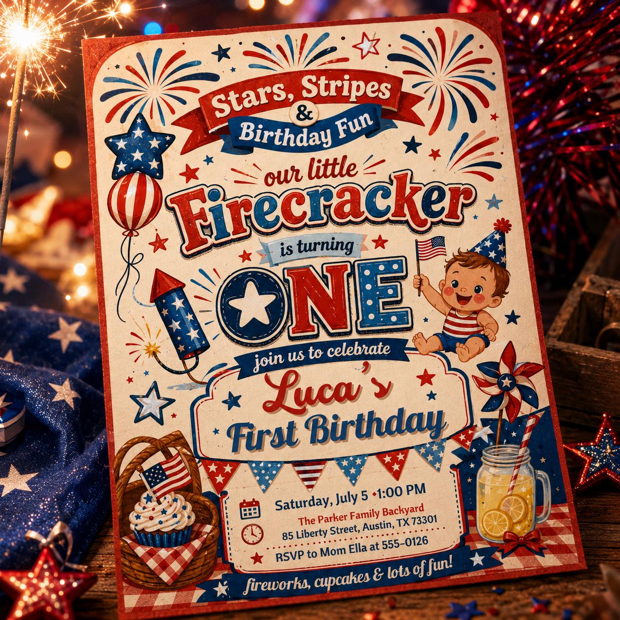 Editable Firecracker First Birthday, 4th of July Birthday Invitation, Patriotic Girl Birthday Invite Little Firecracker Party Canva Template __etsy:8120015031