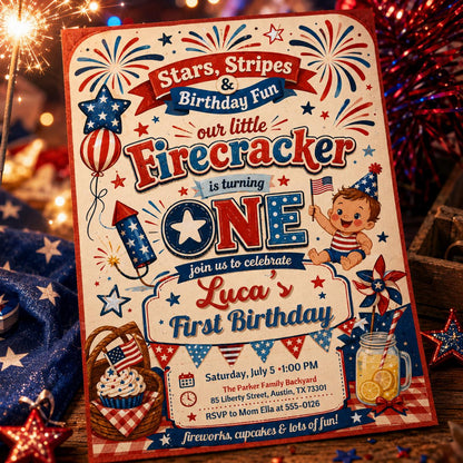 Editable Firecracker First Birthday, 4th of July Birthday Invitation, Patriotic Girl Birthday Invite Little Firecracker Party Canva Template __etsy:8120015031