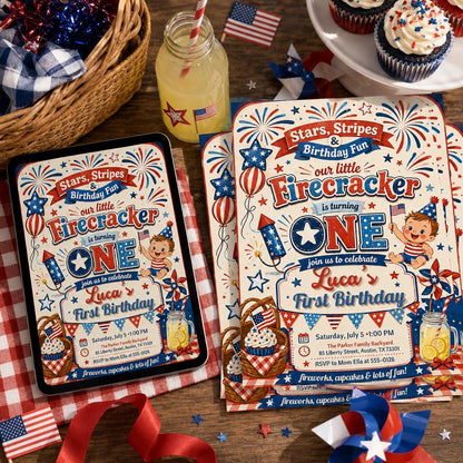 Editable Firecracker First Birthday, 4th of July Birthday Invitation, Patriotic Girl Birthday Invite Little Firecracker Party Canva Template __etsy:8120015055