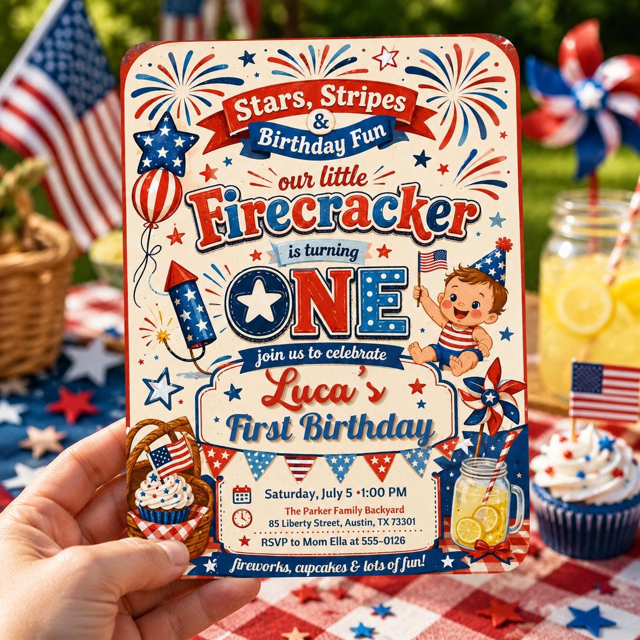 Editable Firecracker First Birthday, 4th of July Birthday Invitation, Patriotic Girl Birthday Invite Little Firecracker Party Canva Template __etsy:8120015097