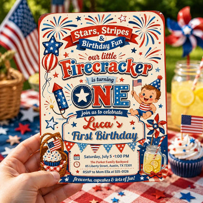 Editable Firecracker First Birthday, 4th of July Birthday Invitation, Patriotic Girl Birthday Invite Little Firecracker Party Canva Template __etsy:8120015097