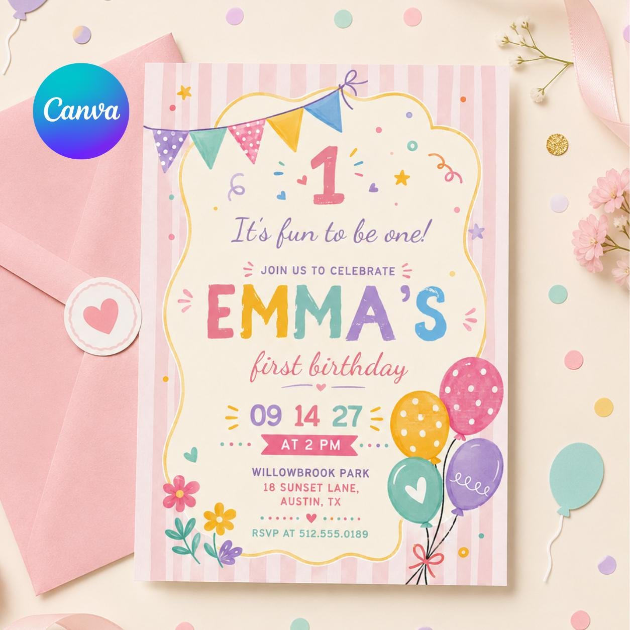 Editable First Birthday, Pastel Birthday Canva Invitation, Girls Banner Invite, Editable Template, Personalized invite, Canva Template __etsy:8003576914