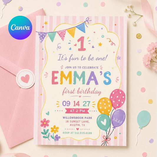 Editable First Birthday, Pastel Birthday Canva Invitation, Girls Banner Invite, Editable Template, Personalized invite, Canva Template __etsy:8003576914