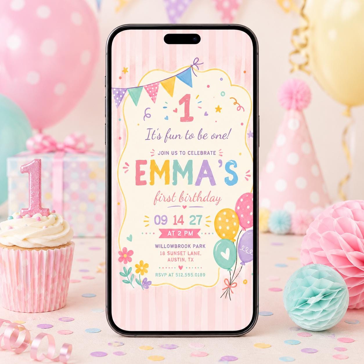Editable First Birthday, Pastel Birthday Canva Invitation, Girls Banner Invite, Editable Template, Personalized invite, Canva Template __etsy:8051495803