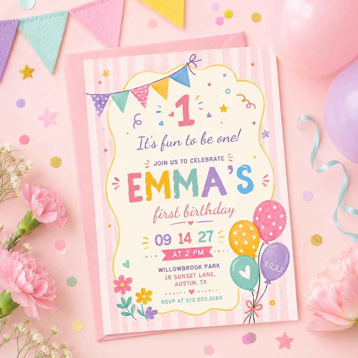Editable First Birthday, Pastel Birthday Canva Invitation, Girls Banner Invite, Editable Template, Personalized invite, Canva Template __etsy:8003573372
