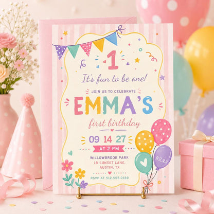 Editable First Birthday, Pastel Birthday Canva Invitation, Girls Banner Invite, Editable Template, Personalized invite, Canva Template __etsy:8051495905
