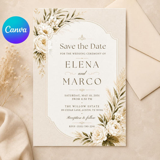 Editable Floral Wedding Invitation Template, Save The Date Newspaper Template Canva, Wedding Save The Date, Wedding Announcement Canva __etsy:8055776558
