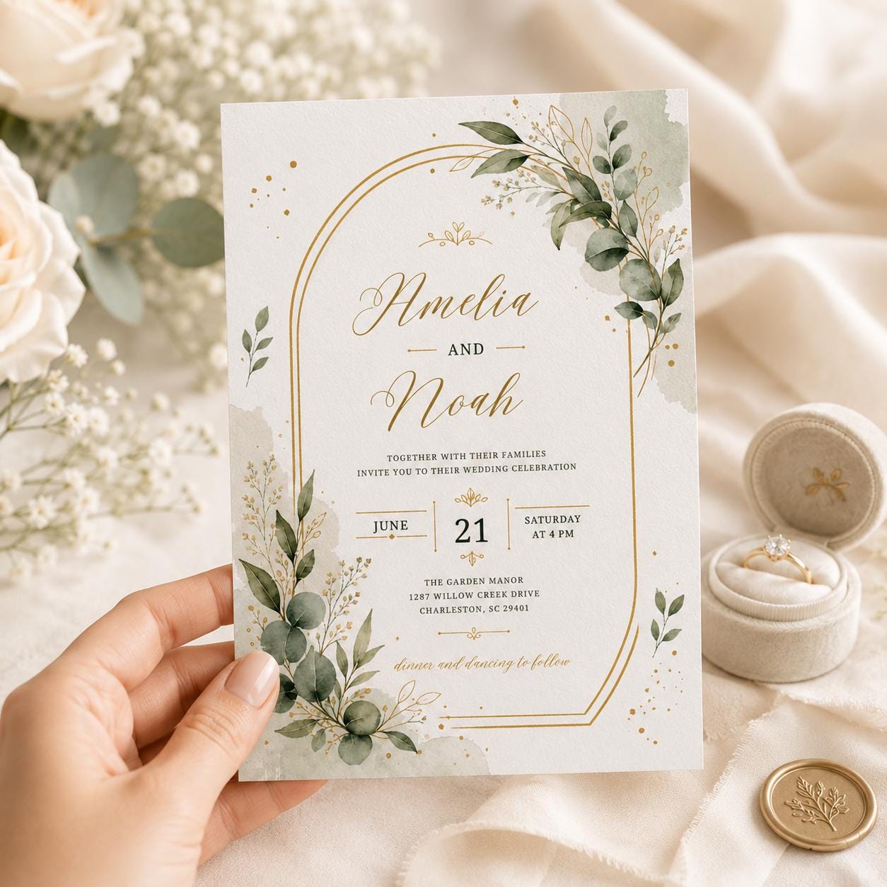 Editable Floral Wedding Invitation Template, Summer Wedding Invite, Elegant Botanical Design, Floral Watercolor Design,  Wedding Invitation __etsy:8030825410