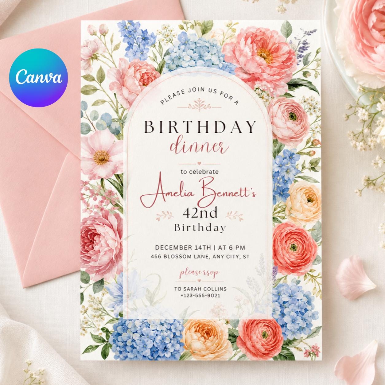 Editable Flower Bloom Invitation, Wildflower Birthday Invitation, Flower Stems, Boho Wildflower Party Printable Invitation Canva Template __etsy:7982270682