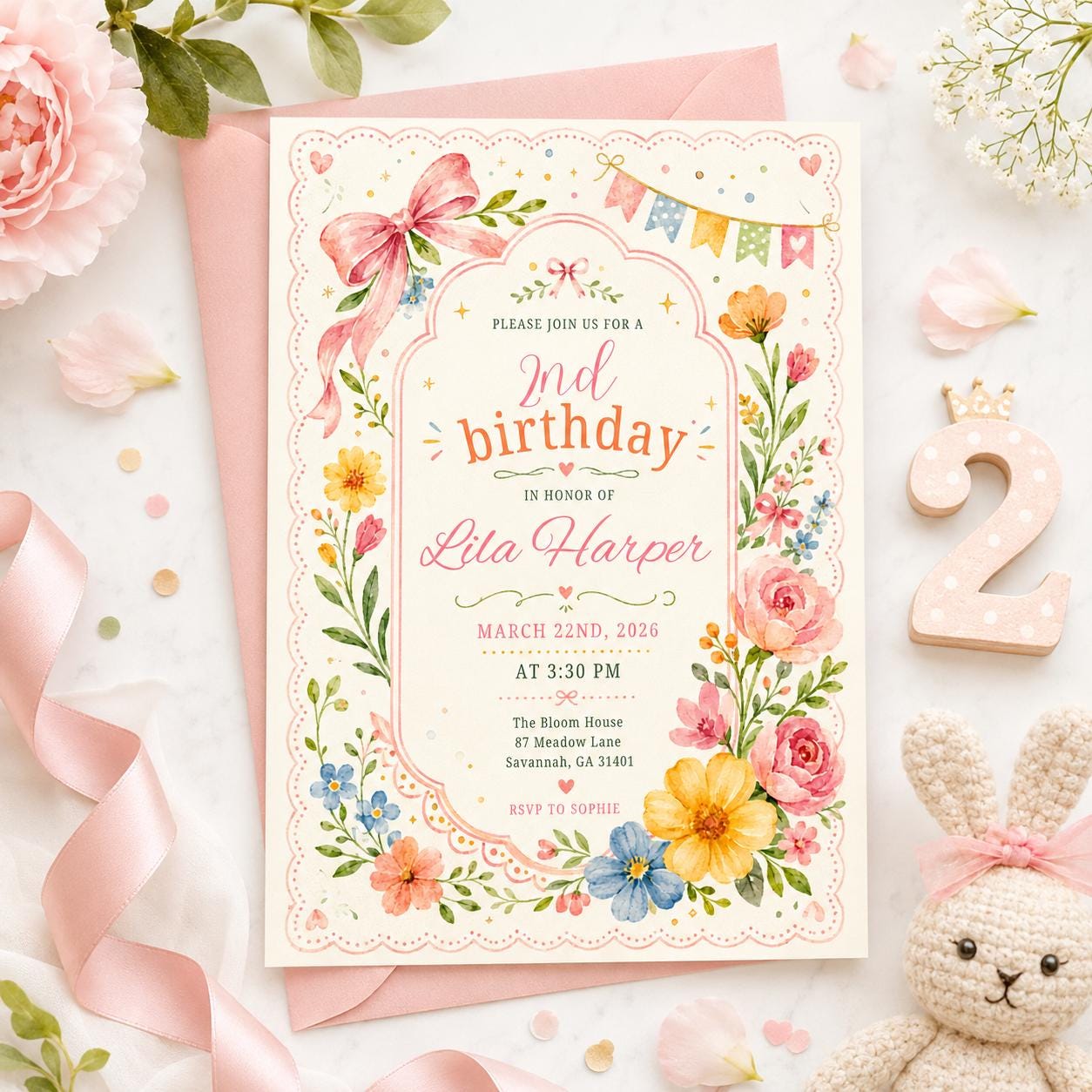 Editable Flower Bloom Invitation, Wildflower Birthday Invitation, Flower Stems, Boho Wildflower Party Printable Invitation Canva Template __etsy:8051666673