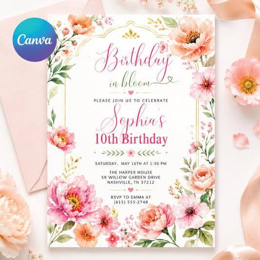 Editable Flower Bloom Invitation, Wildflower Birthday Invitation, Flower Stems, Boho Wildflower Party Printable Invitation Canva Template __etsy:8022675884