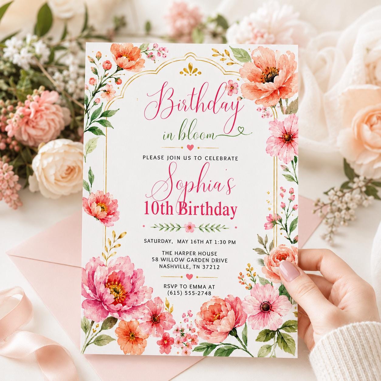 Editable Flower Bloom Invitation, Wildflower Birthday Invitation, Flower Stems, Boho Wildflower Party Printable Invitation Canva Template __etsy:8070585437