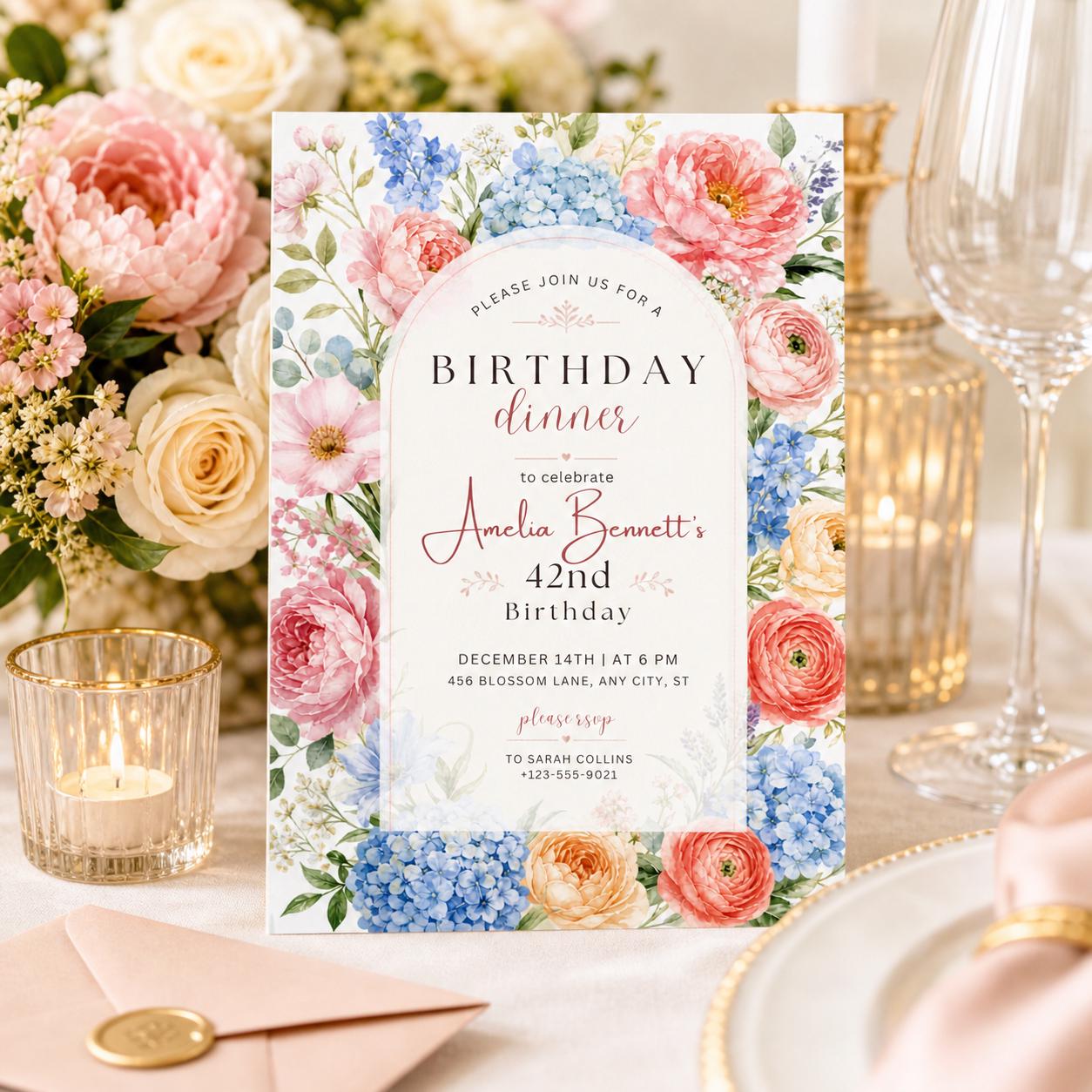 Editable Flower Bloom Invitation, Wildflower Birthday Invitation, Flower Stems, Boho Wildflower Party Printable Invitation Canva Template __etsy:8030210929