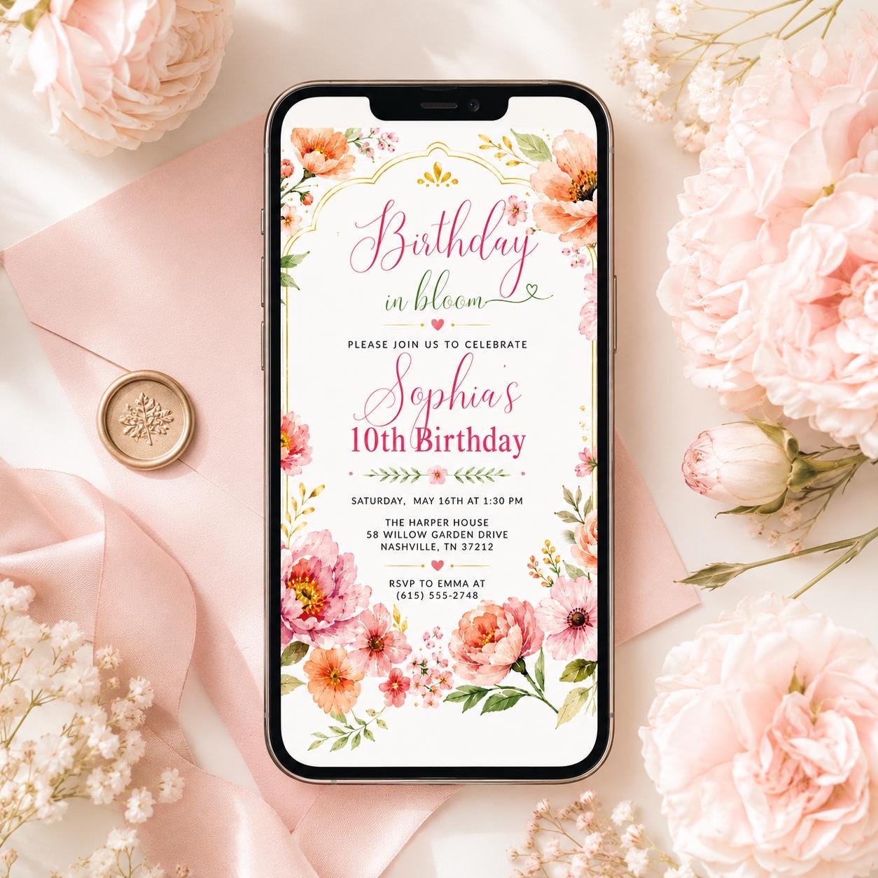 Editable Flower Bloom Invitation, Wildflower Birthday Invitation, Flower Stems, Boho Wildflower Party Printable Invitation Canva Template __etsy:8070585443