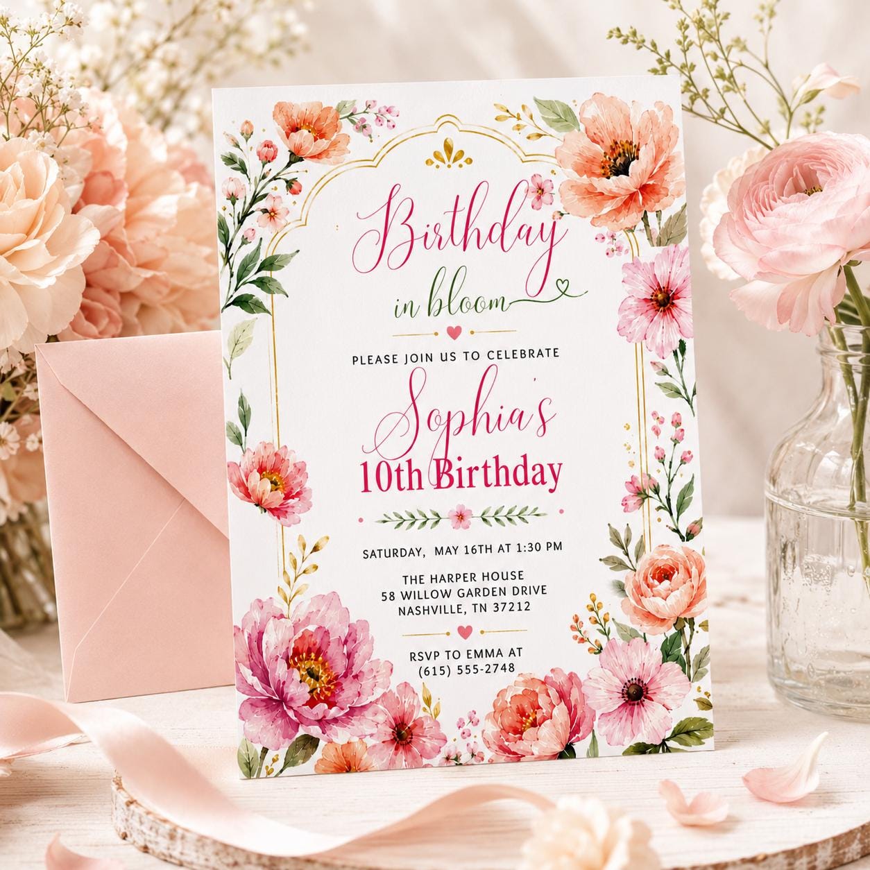 Editable Flower Bloom Invitation, Wildflower Birthday Invitation, Flower Stems, Boho Wildflower Party Printable Invitation Canva Template __etsy:8070585445