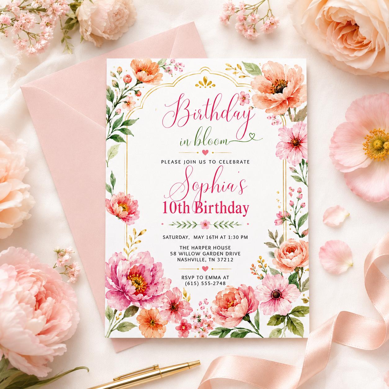 Editable Flower Bloom Invitation, Wildflower Birthday Invitation, Flower Stems, Boho Wildflower Party Printable Invitation Canva Template __etsy:8070585447