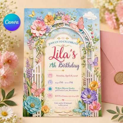 Editable Flower Bloom Invitation, Wildflower Birthday Invitation, Flower Stems, Fairy Garden Birthday, Boho Wildflower Party, Canva Template __etsy:8085415248