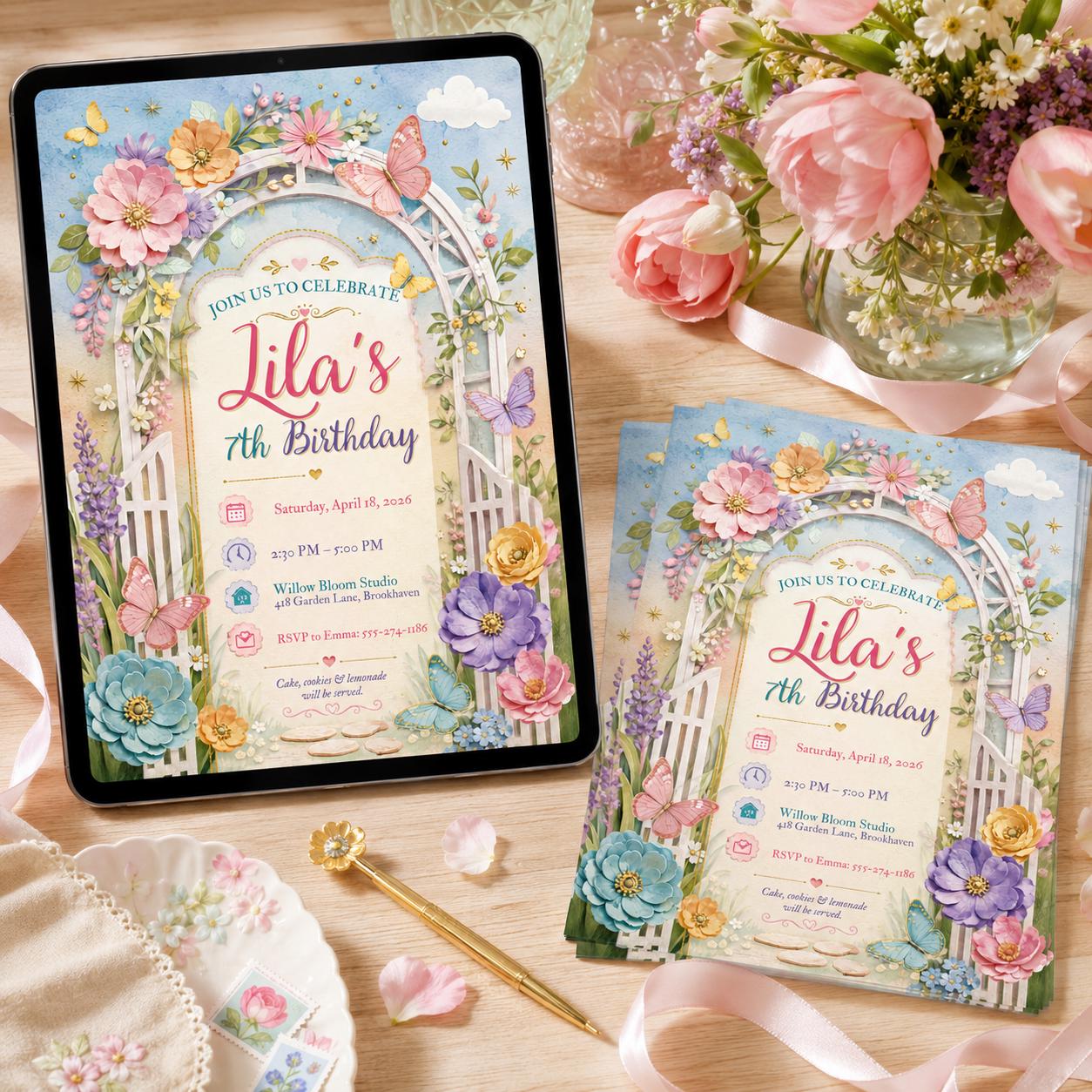 Editable Flower Bloom Invitation, Wildflower Birthday Invitation, Flower Stems, Fairy Garden Birthday, Boho Wildflower Party, Canva Template __etsy:8133325445