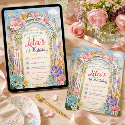 Editable Flower Bloom Invitation, Wildflower Birthday Invitation, Flower Stems, Fairy Garden Birthday, Boho Wildflower Party, Canva Template __etsy:8133325445