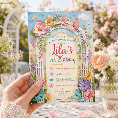 Editable Flower Bloom Invitation, Wildflower Birthday Invitation, Flower Stems, Fairy Garden Birthday, Boho Wildflower Party, Canva Template __etsy:8085415246