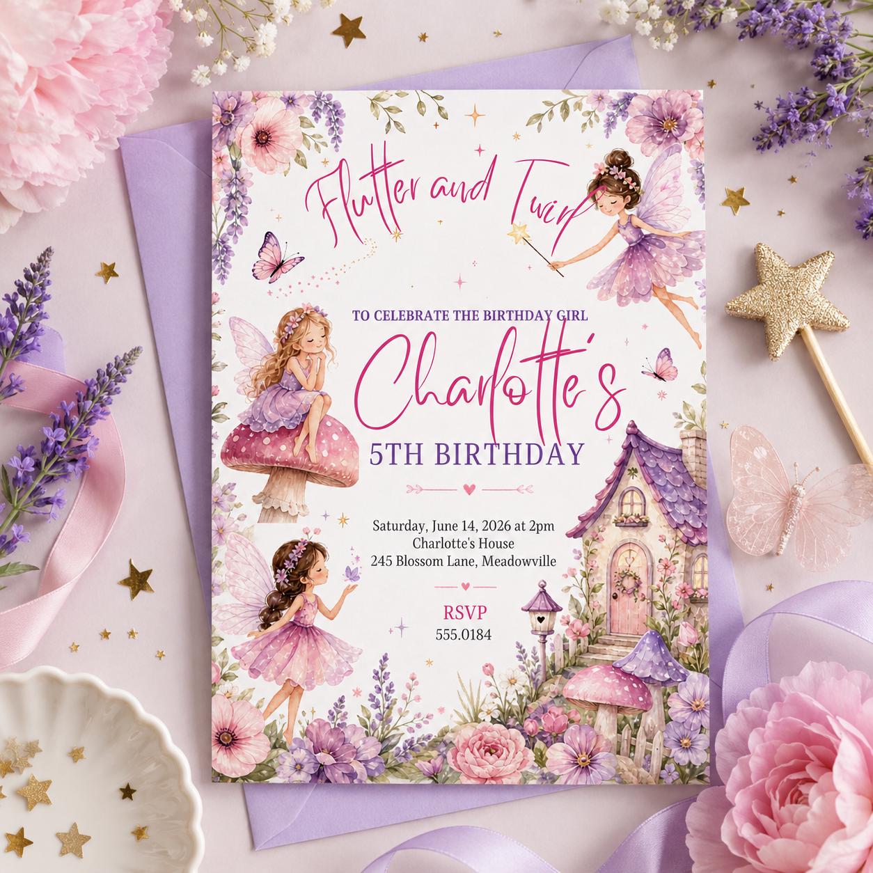 Editable Flutter and Twirl Little Fairy Birthday Invitation, Wildflower Fairy Birthday, Girl Pink Floral Fairy Birthday, Canva Template __etsy:8035807013