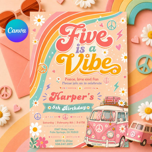 Editable Groovy 5th Birthday, Five is a Vibe Daisy Rainbow Hippie, Preppy 5th Birthday, Five is a Vibe Disco, Retro Rainbow Disco, Canva __etsy:8054889135