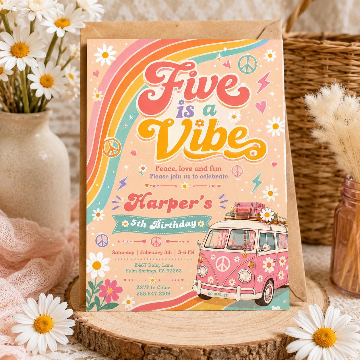 Editable Groovy 5th Birthday, Five is a Vibe Daisy Rainbow Hippie, Preppy 5th Birthday, Five is a Vibe Disco, Retro Rainbow Disco, Canva __etsy:8006974746