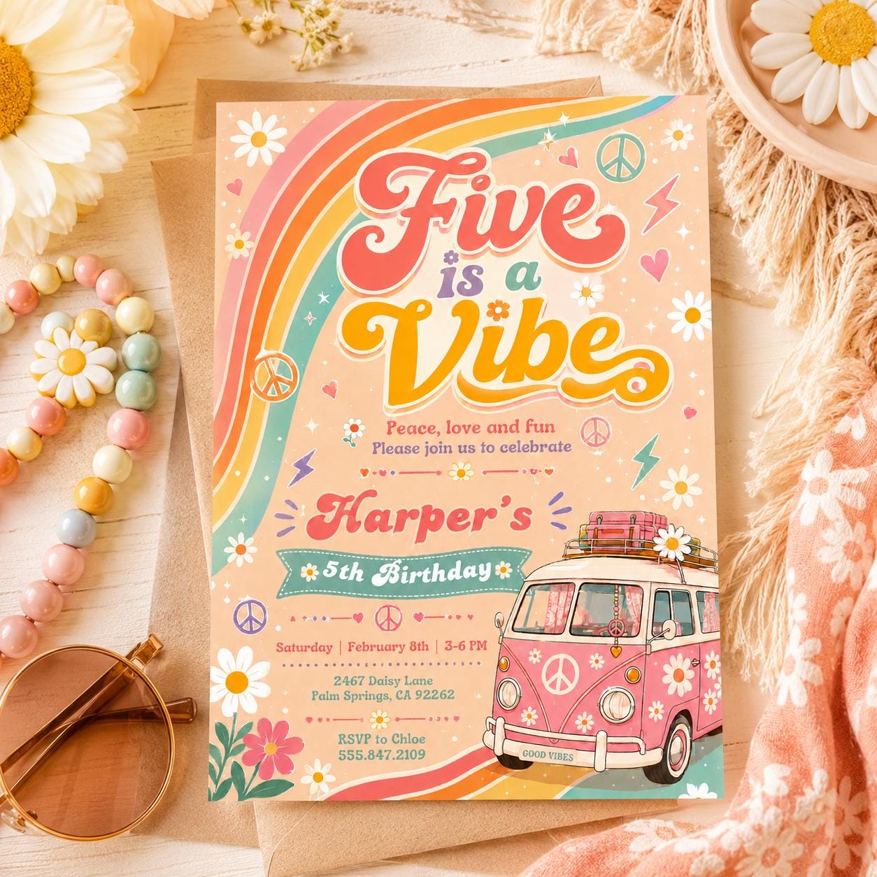 Editable Groovy 5th Birthday, Five is a Vibe Daisy Rainbow Hippie, Preppy 5th Birthday, Five is a Vibe Disco, Retro Rainbow Disco, Canva __etsy:8006974748