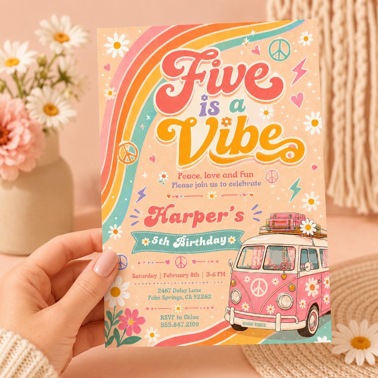 Editable Groovy 5th Birthday, Five is a Vibe Daisy Rainbow Hippie, Preppy 5th Birthday, Five is a Vibe Disco, Retro Rainbow Disco, Canva __etsy:8054889557