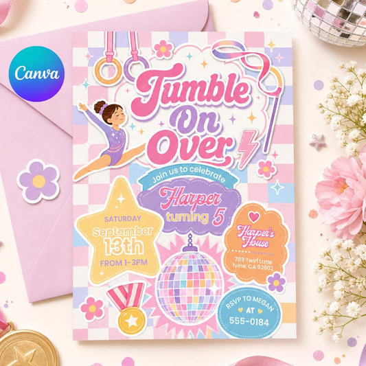 Editable Gymnastics Birthday Invitation, Jump Tumble Play Pastel Birthday Invite, Jump Party Invite, Template Tumbling, Canva Template __etsy:8035876039