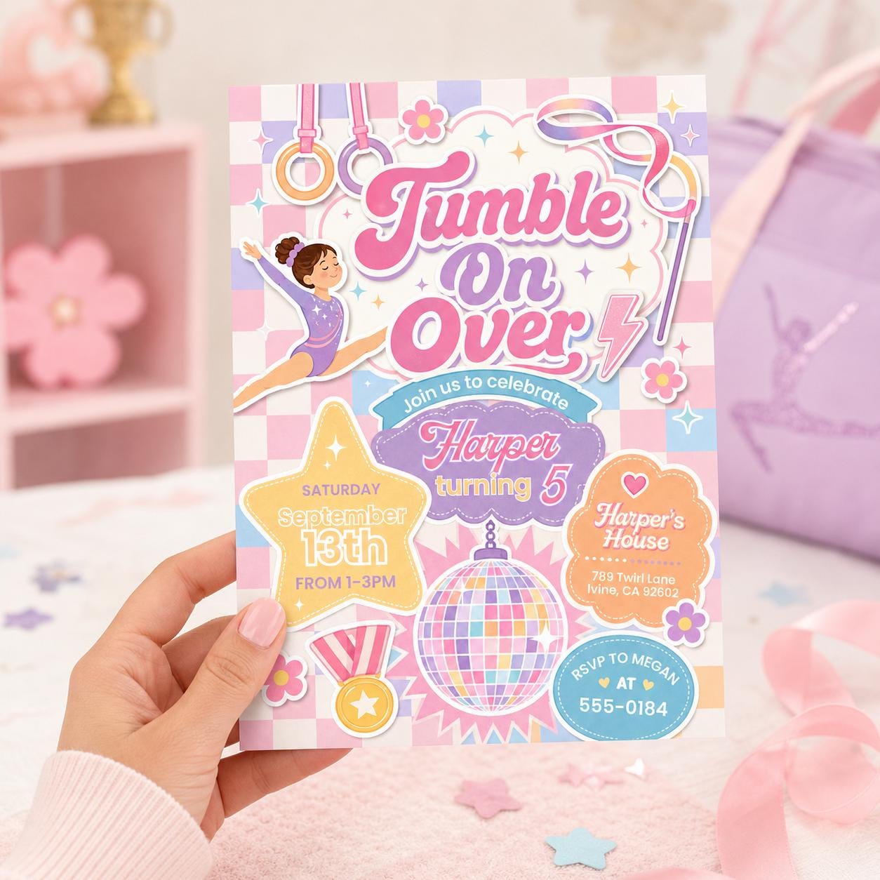 Editable Gymnastics Birthday Invitation, Jump Tumble Play Pastel Birthday Invite, Jump Party Invite, Template Tumbling, Canva Template __etsy:7985918572