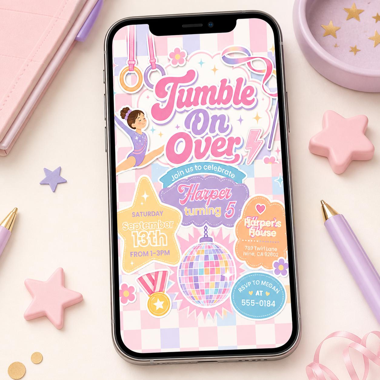 Editable Gymnastics Birthday Invitation, Jump Tumble Play Pastel Birthday Invite, Jump Party Invite, Template Tumbling, Canva Template __etsy:7985918872