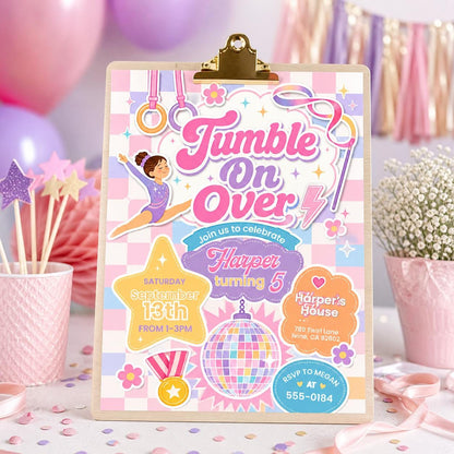 Editable Gymnastics Birthday Invitation, Jump Tumble Play Pastel Birthday Invite, Jump Party Invite, Template Tumbling, Canva Template __etsy:8033859963