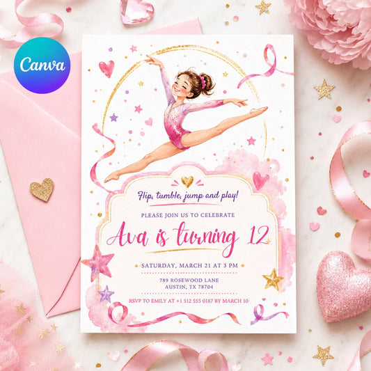 Editable Gymnastics Invitation Gymnastics Birthday Invite Preppy Retro Gymnastics Invitations Gymnastics Party Template Pink Girl, Canva __etsy:8050376879