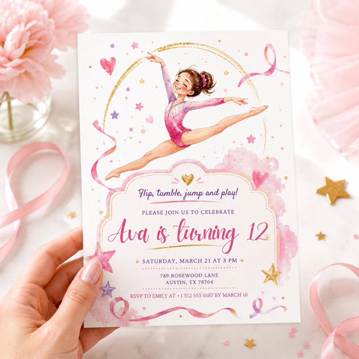 Editable Gymnastics Invitation Gymnastics Birthday Invite Preppy Retro Gymnastics Invitations Gymnastics Party Template Pink Girl, Canva __etsy:8050375801