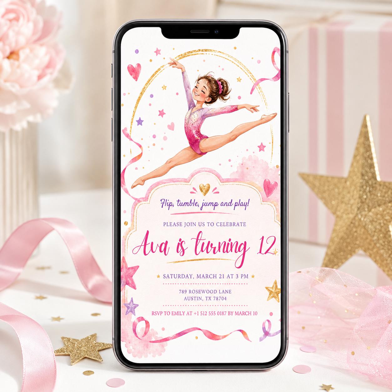 Editable Gymnastics Invitation Gymnastics Birthday Invite Preppy Retro Gymnastics Invitations Gymnastics Party Template Pink Girl, Canva __etsy:8002451378