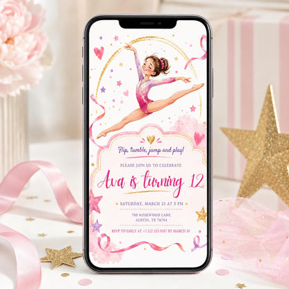 Editable Gymnastics Invitation Gymnastics Birthday Invite Preppy Retro Gymnastics Invitations Gymnastics Party Template Pink Girl, Canva __etsy:8002451378