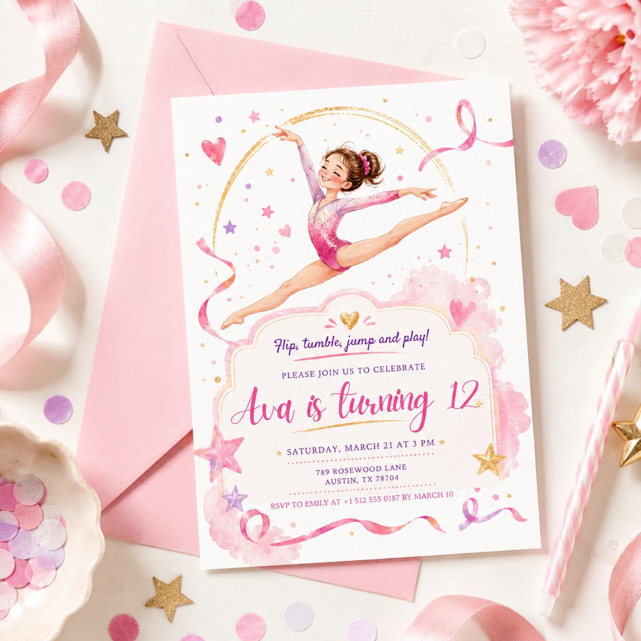 Editable Gymnastics Invitation Gymnastics Birthday Invite Preppy Retro Gymnastics Invitations Gymnastics Party Template Pink Girl, Canva __etsy:8002451386