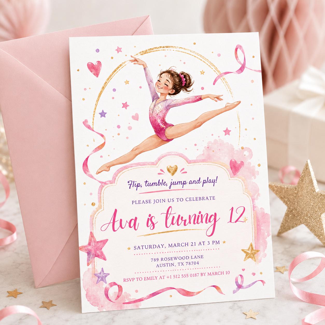 Editable Gymnastics Invitation Gymnastics Birthday Invite Preppy Retro Gymnastics Invitations Gymnastics Party Template Pink Girl, Canva __etsy:8050376359