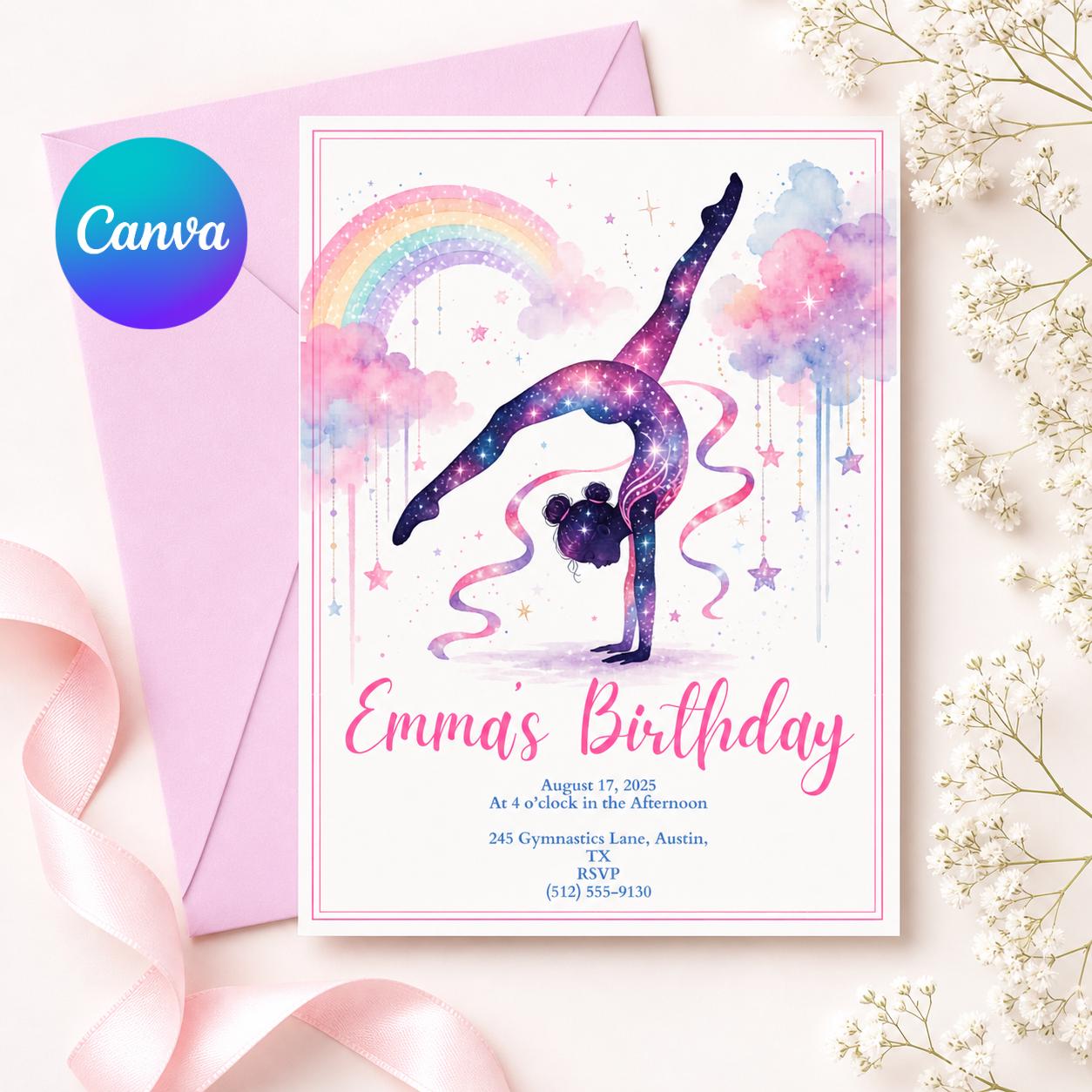 Editable Gymnastics Invitation Gymnastics Birthday Invite Preppy Retro Gymnastics Invitations Gymnastics Party Template Pink Girl Invitation __etsy:8024832307