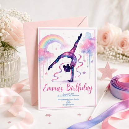 Editable Gymnastics Invitation Gymnastics Birthday Invite Preppy Retro Gymnastics Invitations Gymnastics Party Template Pink Girl Invitation __etsy:8024839891