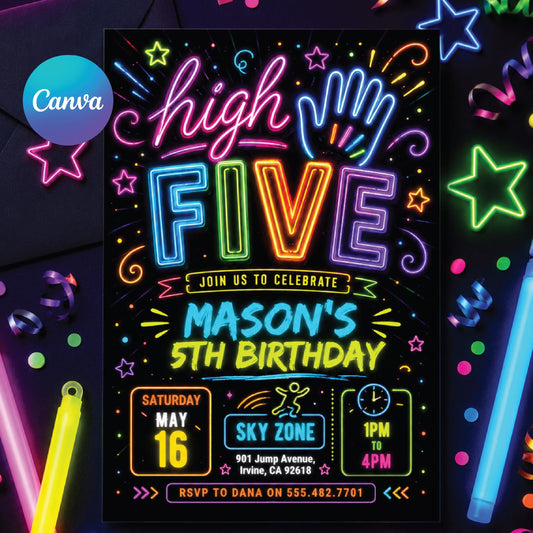 Editable High Five Birthday Party Invitation Neon Glow High Five Hi Five 5th Birthday Party Girls Rainbow Invite, Glow Girls, Canva Template __etsy:8070471145