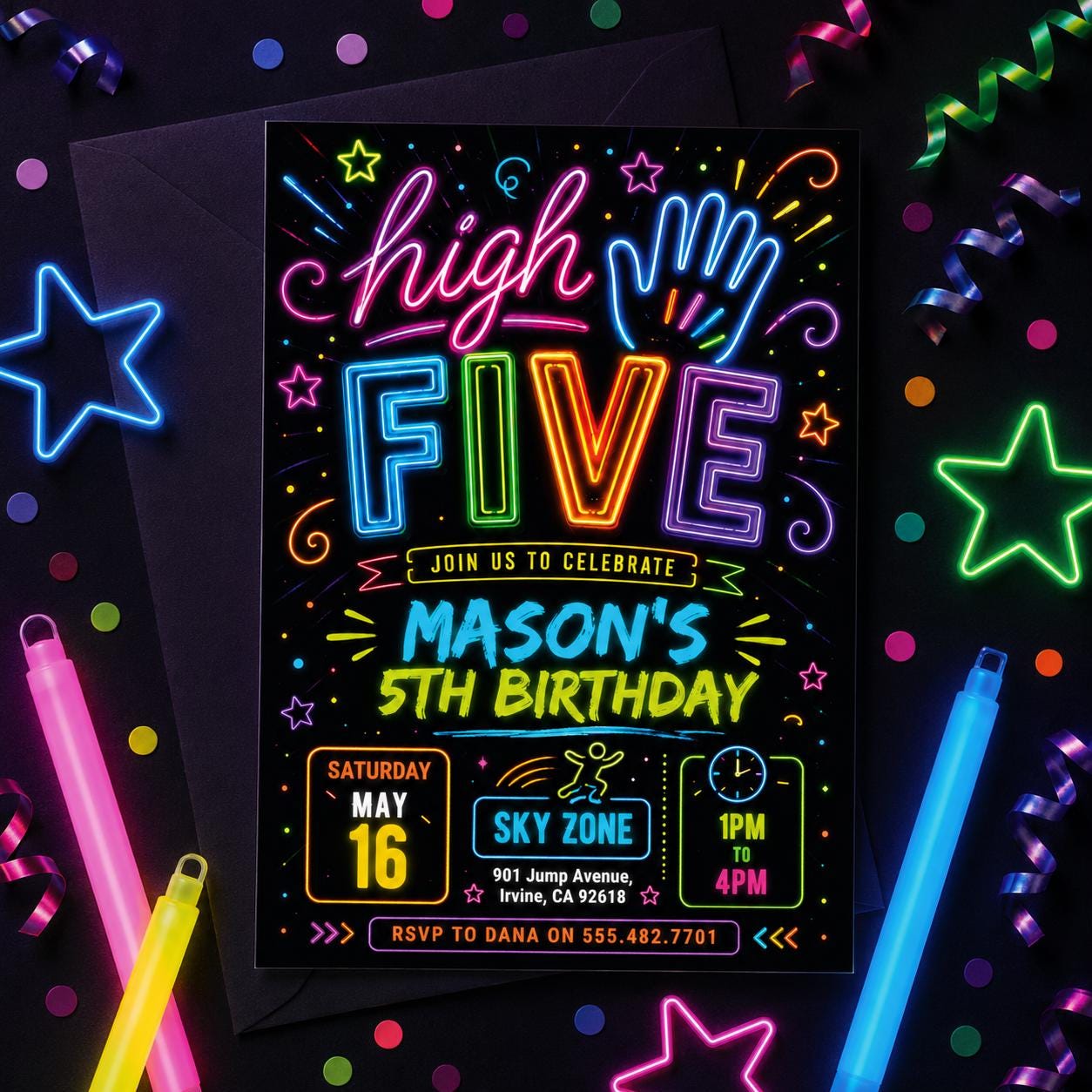 Editable High Five Birthday Party Invitation Neon Glow High Five Hi Five 5th Birthday Party Girls Rainbow Invite, Glow Girls, Canva Template __etsy:8022553596