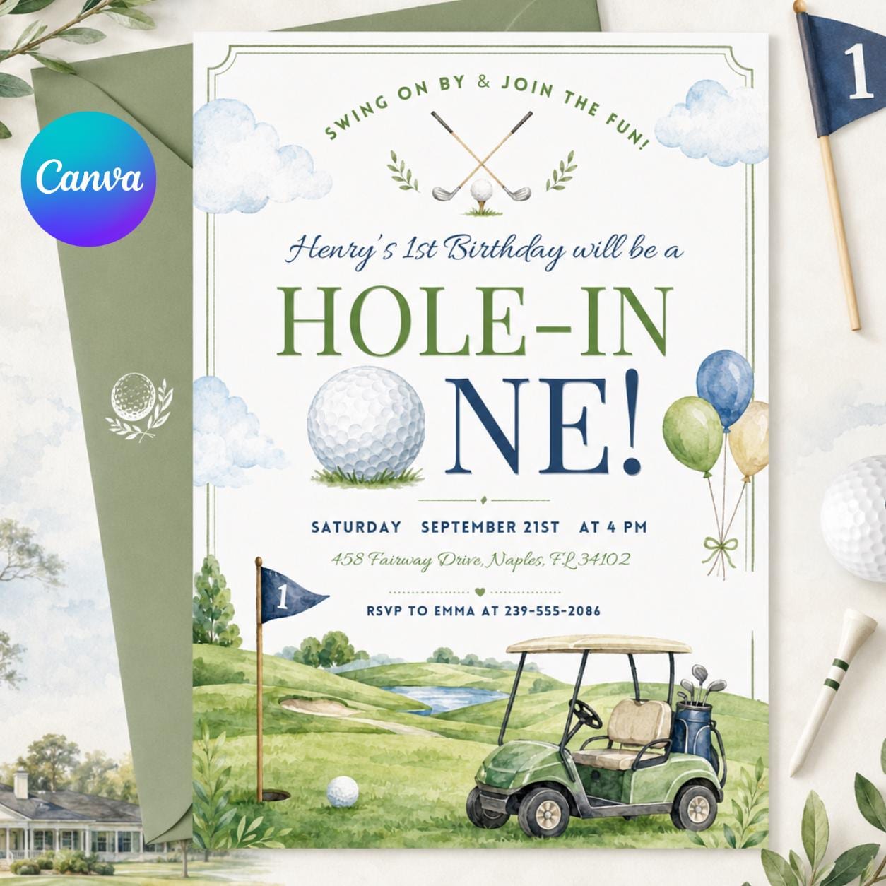 Editable Hole in One  Invitation Golf First Birthday Par-tee Golf Invite Boy Golfing, Golf First Birthday Par-tee, Golf Birthday Invite __etsy:8080304311
