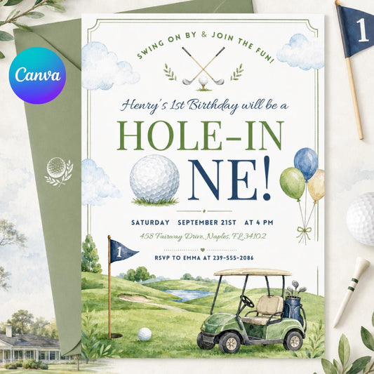 Editable Hole in One  Invitation Golf First Birthday Par-tee Golf Invite Boy Golfing, Golf First Birthday Par-tee, Golf Birthday Invite __etsy:8080304311